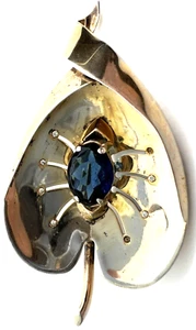 Classy Alice Caviness Sterling Leaf Brooch with Royal Blue Stone Spider 3" - Foto 1 di 7