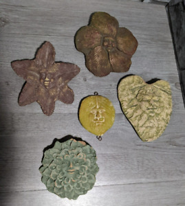Lot Of 5 Green Man Face Leaf Forest Spirit Tree Wicca Pagan Wall Plaque Figurine