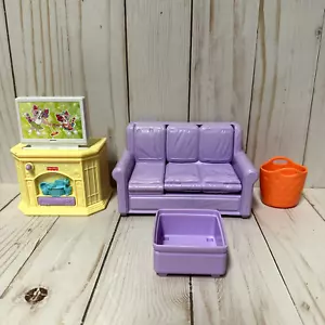 Fisher Price Loving Family Living Room Set Purple Pullout Couch Ottoman TV Works - Picture 1 of 16