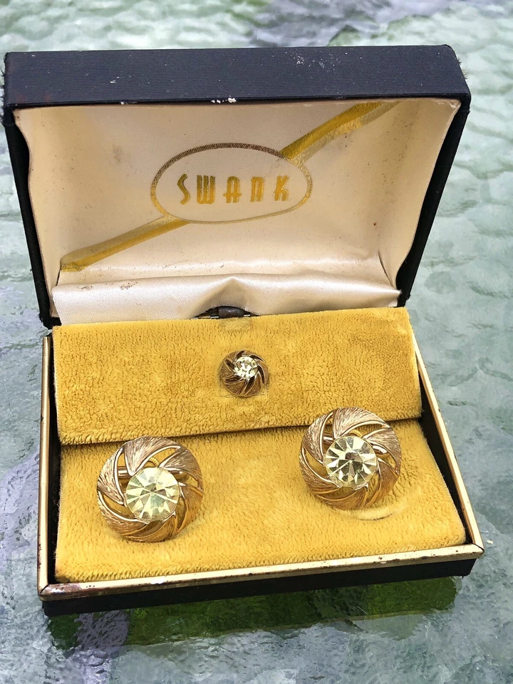 Gemelos de molinete de cristal amarillo facético vintage para hombre bisutería Foto 1 de 4