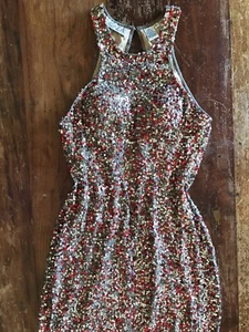 Vtg 1990’s SCALA heavily sequined mini silk statement dress silver with red - Picture 1 of 8