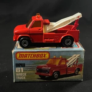 1978 Matchbox Superfast # 61 Wreck Truck rot Diecast schwarz Base mit Box England - Bild 1 von 11