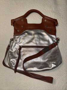 Foley & Corinna RARE Metallic with Brown Leather trim Purse Tote Bag Lg - Picture 1 of 14