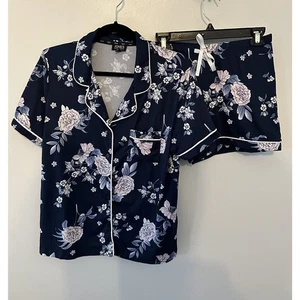 LJONES NEW YORK Navy Blue Floral Print Pajamas Shirt/Short Set Size Medium - Picture 1 of 11