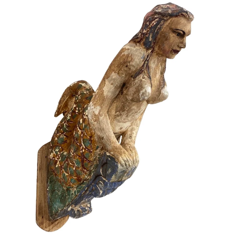 Cabeza de figura de barco montada en la pared sirena réplica antigua arte popular cabeza de mástil Foto 1 de 4