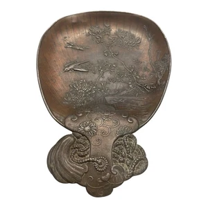Antique Japanese dark metal engraved birds w flower scene Metal Tray Rare Unique - Picture 1 of 6