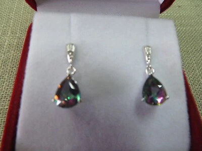 14k White Gold  Diamond Chip Mystic Topaz Dangle Earrings 1.66 Grams (#231) - Image 1 of 4