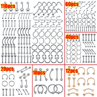 Juego de 110 PIEZAS Mezcla Piercing 316L Acero Nariz Labio Ceja Anillo Oreja Daith Tachuelas 14G 16G Foto 1 de 4