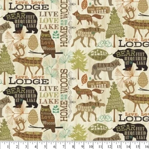 Live Lodge Love Fabric - Words Bear Tree Leaf Beige  - David Textiles YARD - Picture 1 of 1