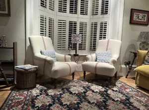 Pair of French Louis armchairs In Soft Linen grain sack red stripe - Picture 1 of 5