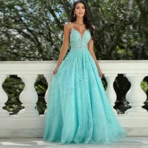 Spaghetti Straps Evening Dresses V Neck Appliques Backless Tulle Prom Gowns New - Picture 1 of 12