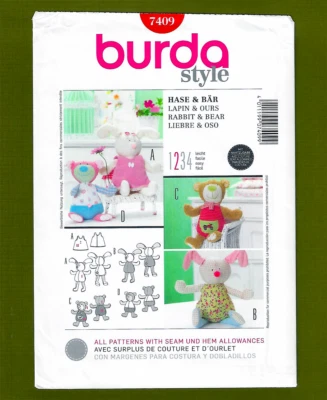 Bears & Rabbits Stuffed Toy Animals Sewing Pattern, Plush Toys~Burda Style 7409 - Image 1 of 4
