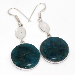 Blue Apatite Rainbow Moonstone Round Earrings 2.1" Chunky Jewelry AU U837