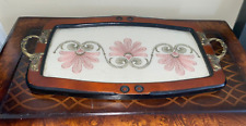Vintage Wooden Dressing Table Tray With Embroidered Under Glass Brass Handles