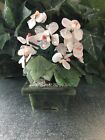 Bonzai Figurine Stone Tree with White Flowers and Green Leaves, Green Stone Base