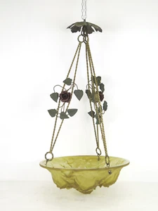 LAMPADARIO ART NOUVEAU IN VETRO E FERRO BATTUTO STILE FLOREALE ANTICO LN26 - Foto 1 di 9