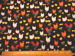 Henry Glass Fabric By Yard Best Friends Farm Hen Chick Rooster on Black Cotton - Picture 1 of 2
