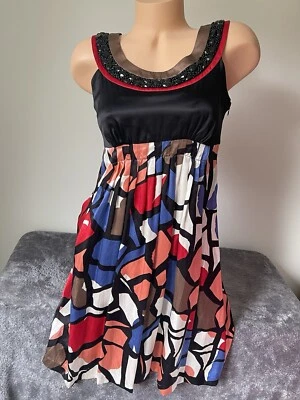 Colorful Silk Sleeveless Dress Size S Black White Red Blue Coral Brown Beaded - Image 1 of 4