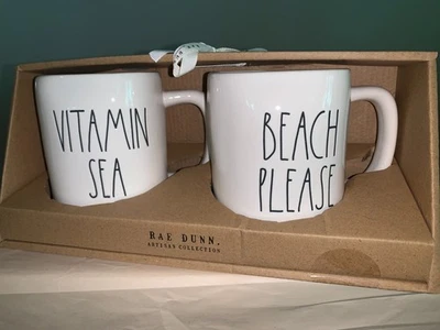 Set of Rae Dunn VITAMIN SEA & BEACH PLEASE White Ceramic Mugs NIB Holds 16 fl oz - Image 1 of 4
