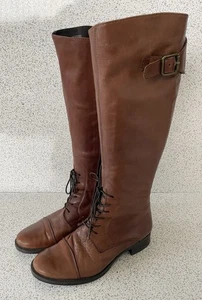 Aldo Brown Leather Knee High Riding Boots With Buckles & Lace Front - 7 UK 40 EU - Picture 1 of 14