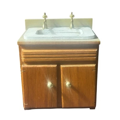Vintage Dollhouse Bathroom Sink Vanity Double Faucet Double Door Vanity - Image 1 of 4