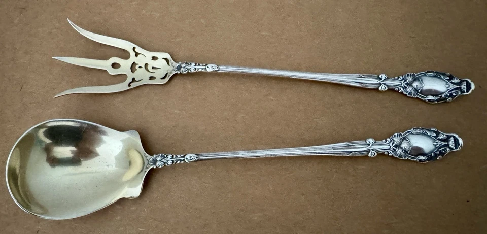 ART NOUVEAU GORHAM VIRGINIANA ESTERLINA 9 3/8” LARGO ENSALADA LECHUGA TENEDOR Y CUCHARA Foto 1 de 4