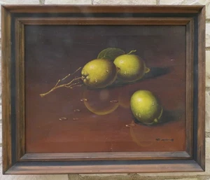 ARTISTA FIRMATO VINTAGE DIPINTO OLIO NATURA MORTA TAVOLO LEGNO LIMONE FRESCO - Foto 1 di 9