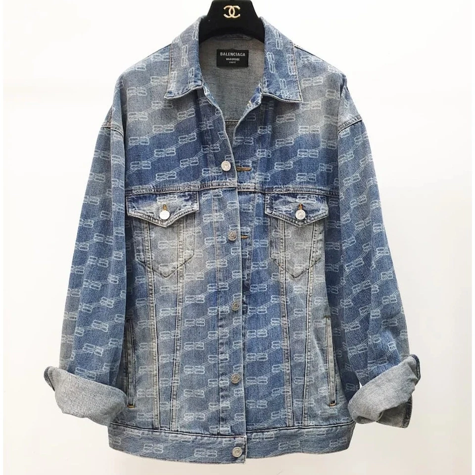 Balenciaga All-Over Logo Denim Oversized Jacket - XS - Image 1 of 4