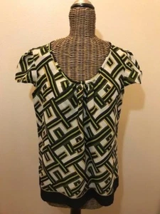 ANN TAYLOR - GREEN BLACK BROWN SHORT SLEEVE BLOUSE - S - Picture 1 of 3