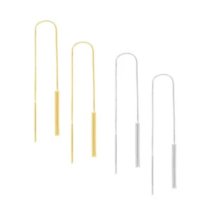 Bar Threader Earrings Real 14K Solid Gold Box Chain Dangle Drop Earrings Women - Picture 1 of 8