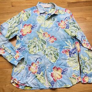 Tommy Bahama Fiesta Keys Linen Shirt Blue Crush Medium Floral Hibiscus Hawaiian