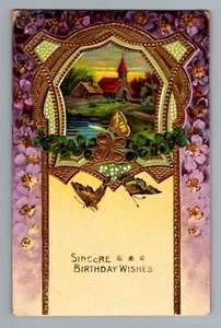 1913 Sincere Birthday Wishes Embossed Church Scene Postcard Germany - Picture 1 of 2