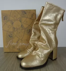 Free People Womens Date Night Elle Boots Slouch Gold Leather 3 in Block Heel 8US - Picture 1 of 11