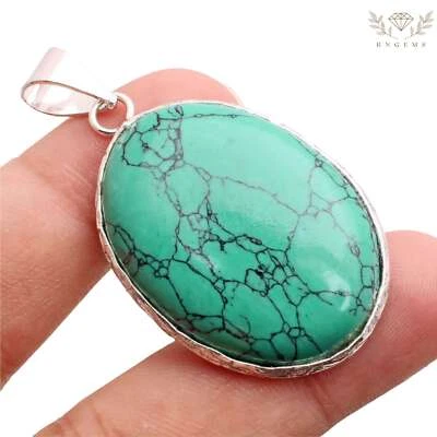Turchese Gemma 925 Ciondolo Placcato Argento Handmade Gioielli Regalo 4cm - Immagine 1 di 3