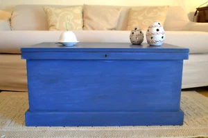 Cassapanca in Legno Massello Baule stile Vintage Cassa Panca Blu con contenitore - Foto 1 di 18