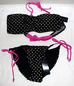 Ladies/Teens Plunge 2Pc. Swimsuit Set Black W/White Dots/Pink Straps Size Medium - Picture 1 of 3