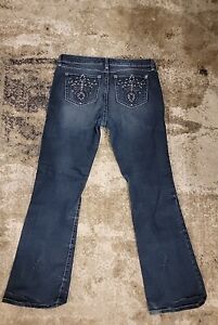 Wrangler Rock 47 Womens Ultra Low Rise Bootcut Jeans Size 15×34 Blue Embroidered