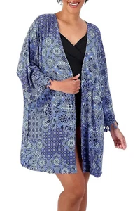 Denim & Co. Strand bedruckt Krawatte vorne Kaftan Cover Up blau Patchwork M neu - Bild 1 von 1