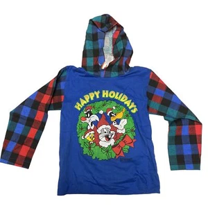 Childs Size 5/6 Hooded Plaid And Graphic Long Sleeve Looney Tunes Happy Holidays - Picture 1 of 9