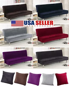 Velvet Armless Sofa Bed Cover Stretch Futon Cover Non-Slip Machine Washable - Picture 1 of 75