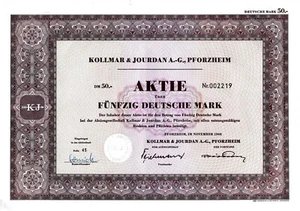 Kollmar & Jourdan AG, Pforzheim, 1968 (1 Aktie = 50 DM) + Coupons, ungelocht - Bild 1 von 2