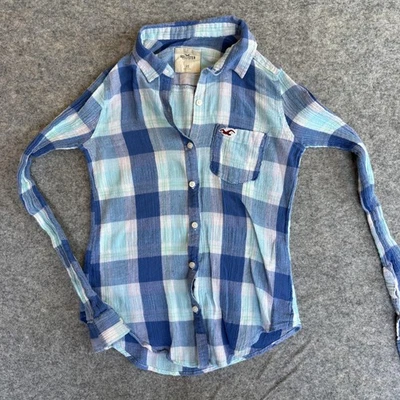 Camisa Hollister para mujer XS azul a cuadros botón delantero manga larga algodón informal Y2K Foto 1 de 4