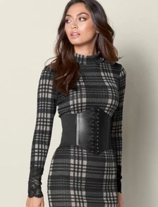 Venus Plaid bodycon maxi Long Sleeve Dress, mock neck, knit lace, size 1X - Picture 1 of 12