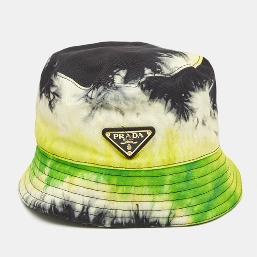 Cappello Prada giallo nero tie dye cotone logo placca secchiello M