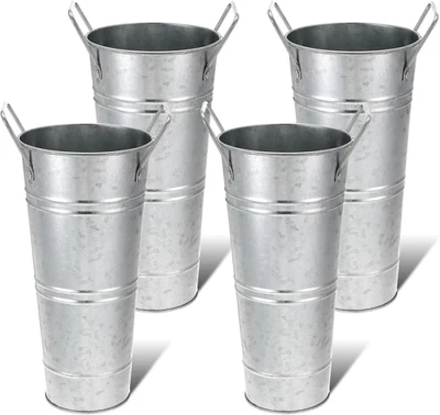 4件装9英寸镀锌金属花瓶带手柄,乡村农舍花卉桶 — 第 1/4 张图片