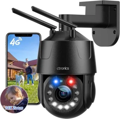 Ctronics 4G Cellular Security Camera with SIM Card, 10X Optical Zoom PTZ Camera