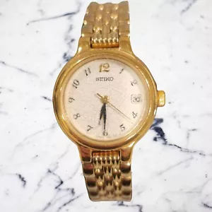 Reloj Pulsera Seiko Vintage Tono Dorado Correa Acero Inoxidable Cara Blanca Fecha Funcionando - Imagen 1 de 7