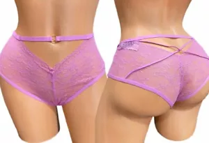 VICTORIAS SECRET Sexy Strappy Sheer Lace Peek-a-boo Panty Large Lilac - Picture 1 of 3