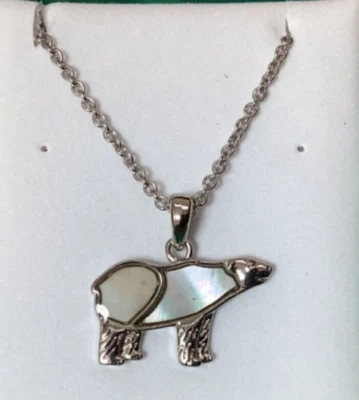 Polar Bear Inlaid Mother Of Pearl Shell Pendant On A Chain - Reduced To Clear - Imagem 1 de 3