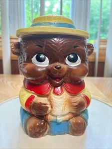 RARO TARRO DE GALLETAS DE CERÁMICA ESMALTADA DE OSO GUARDABOSQUES VINTAGE DE LOS AÑOS 50 HECHO EN JAPÓN - Imagen 1 de 10